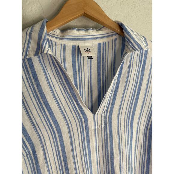 CAbi Pacific Blue Striped Linen Tunic Top Style 5894 Small Coastal Preppy - Picture 4 of 7